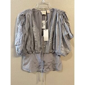 Falls Silk Blend Peplum Bubble Top Silver Striped Tie Front Blouse WT2005D 8